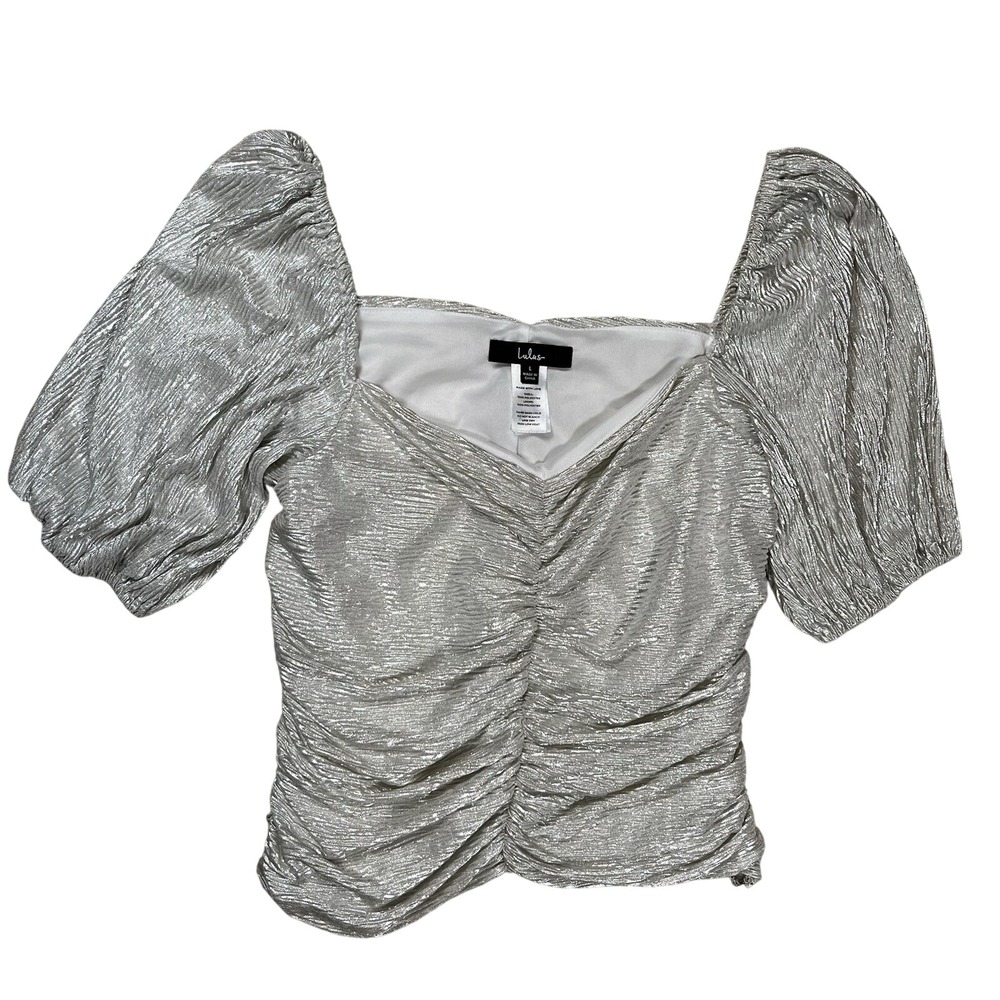 Lulus Womens Bright Future Ahead Metallic Silver Ruched Puff Sleeve Top Sz Large